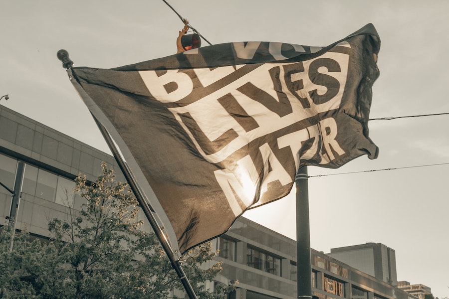 Flag with text that reads "Black Lives Matter"